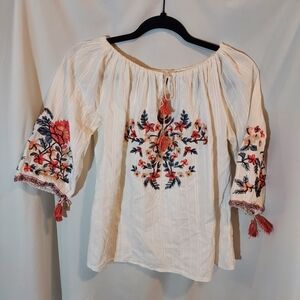 My Beloved White Boho Cotton Blouse With Floral Embroidery